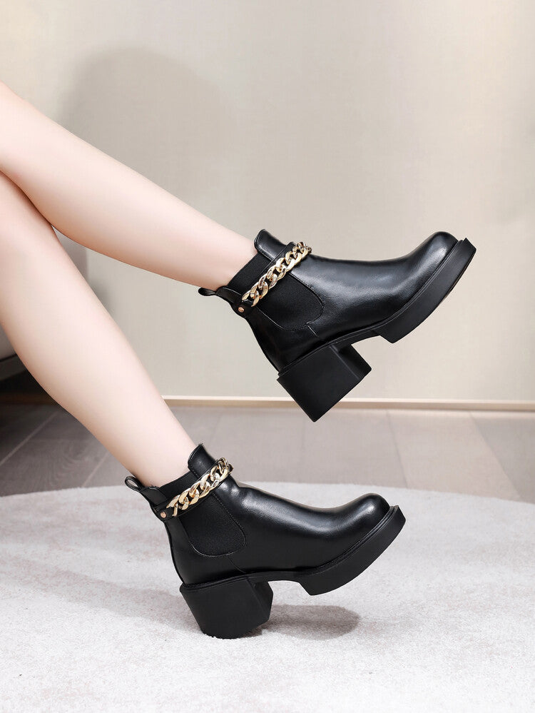 Metal Chains Ankle Strap Stretch Block Heel Platform Short Boots for Women