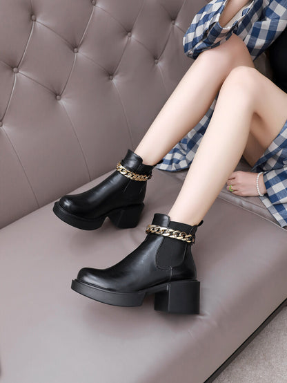 Metal Chains Ankle Strap Stretch Block Heel Platform Short Boots for Women