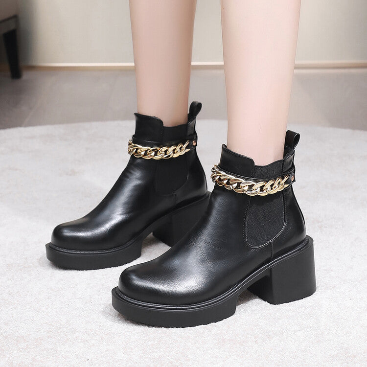 Metal Chains Ankle Strap Stretch Block Heel Platform Short Boots for Women