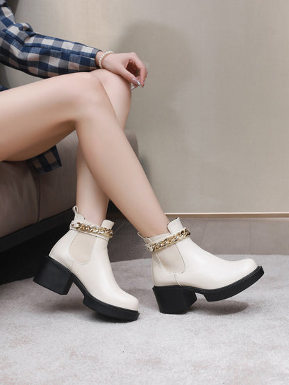 Metal Chains Ankle Strap Stretch Block Heel Platform Short Boots for Women