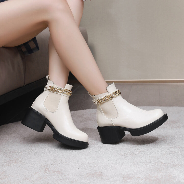 Metal Chains Ankle Strap Stretch Block Heel Platform Short Boots for Women