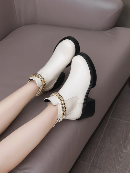 Metal Chains Ankle Strap Stretch Block Heel Platform Short Boots for Women