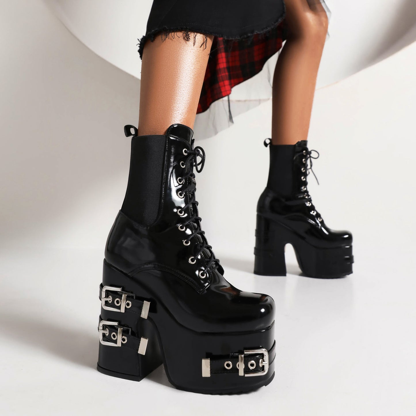 Glossy Square Toe Lace Up Stretch Buckle Straps Block Chunky Heel Platform Short Boots for Women