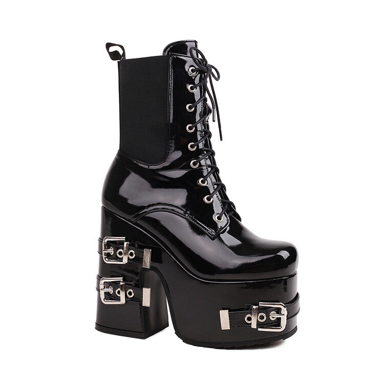 Glossy Square Toe Lace Up Stretch Buckle Straps Block Chunky Heel Platform Short Boots for Women