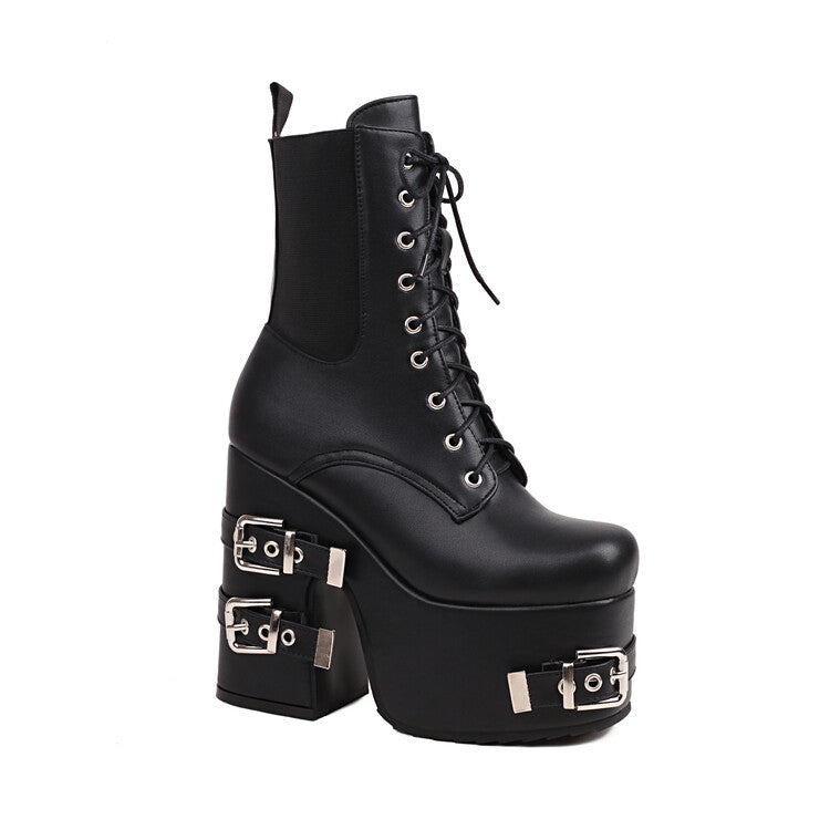 Glossy Square Toe Lace Up Stretch Buckle Straps Block Chunky Heel Platform Short Boots for Women