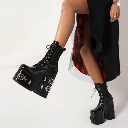 Glossy Square Toe Lace Up Stretch Buckle Straps Block Chunky Heel Platform Short Boots for Women