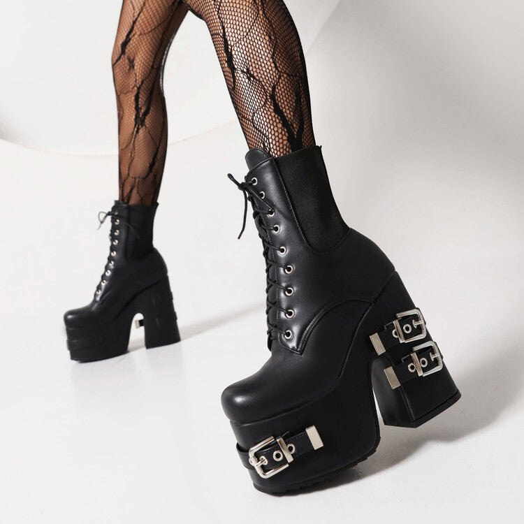 Glossy Square Toe Lace Up Stretch Buckle Straps Block Chunky Heel Platform Short Boots for Women