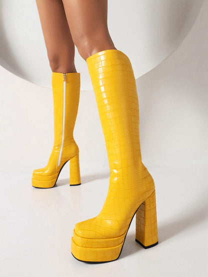 Zippers Square Toe Chunky Heel Platform Knee High Boots for Women