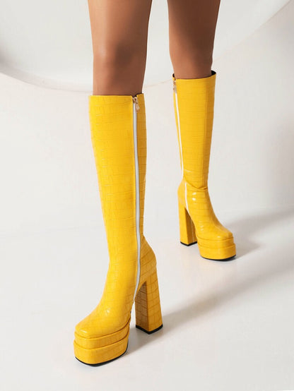 Zippers Square Toe Chunky Heel Platform Knee High Boots for Women