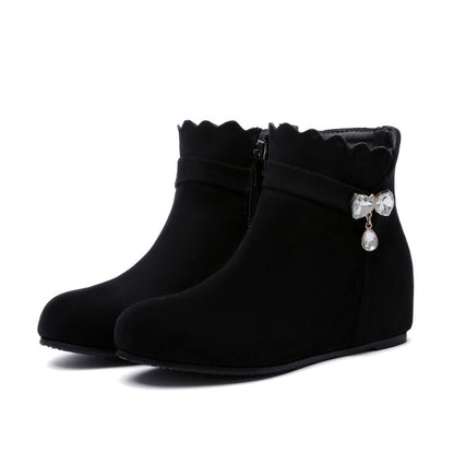 Booties Rhinestone Bows Ruffles Inside Heighten Short Boots for Women