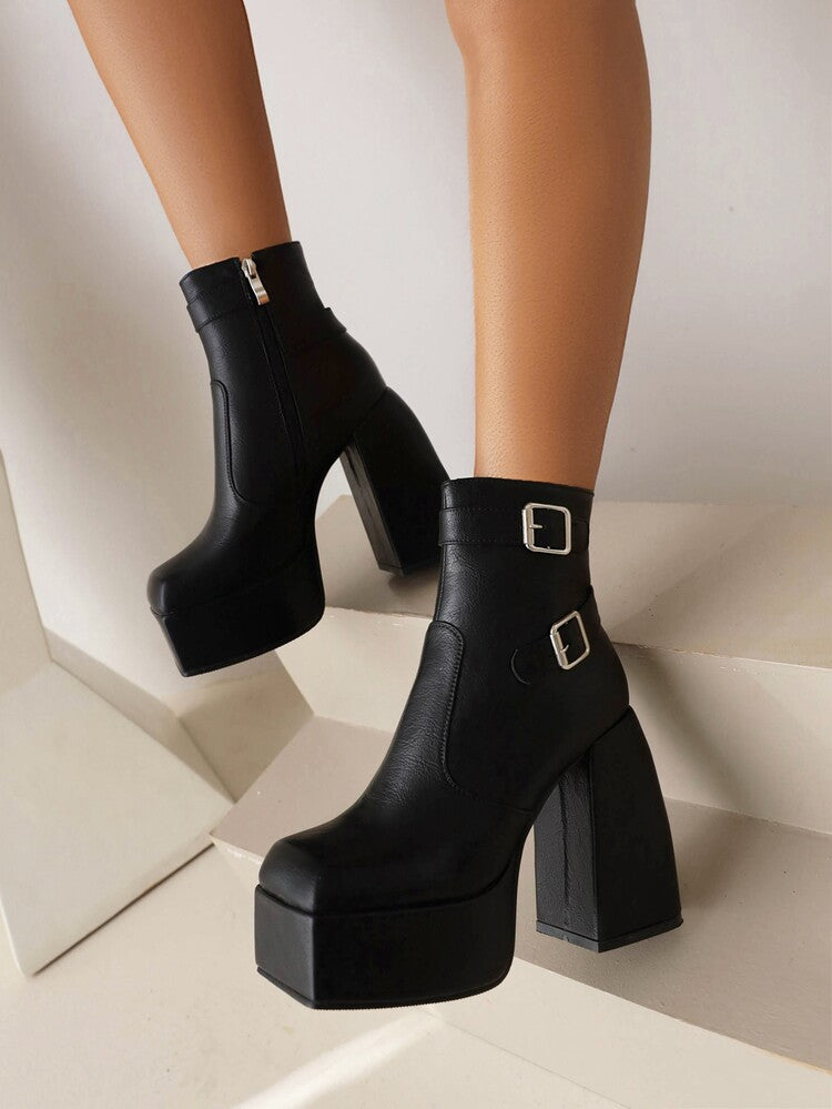 Open Toe Buckle Straps Block Chunky Heel Platform Ankle Boots for Women