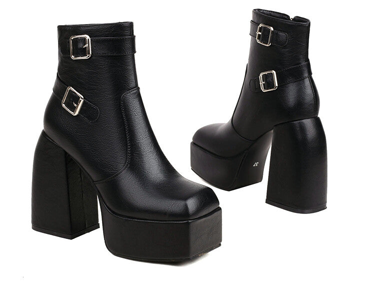 Open Toe Buckle Straps Block Chunky Heel Platform Ankle Boots for Women