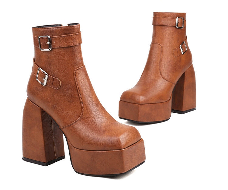 Open Toe Buckle Straps Block Chunky Heel Platform Ankle Boots for Women