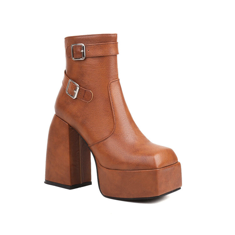 Open Toe Buckle Straps Block Chunky Heel Platform Ankle Boots for Women