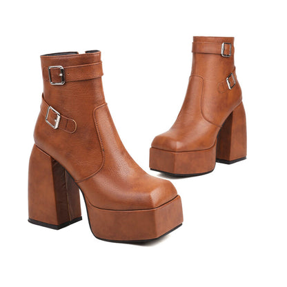 Open Toe Buckle Straps Block Chunky Heel Platform Ankle Boots for Women