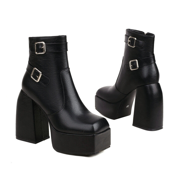 Open Toe Buckle Straps Block Chunky Heel Platform Ankle Boots for Women