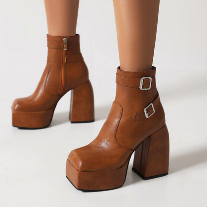 Open Toe Buckle Straps Block Chunky Heel Platform Ankle Boots for Women