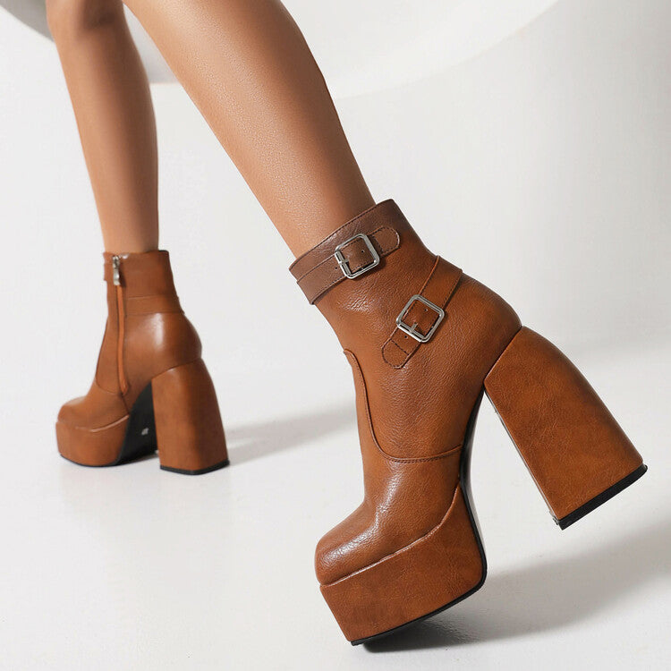 Open Toe Buckle Straps Block Chunky Heel Platform Ankle Boots for Women