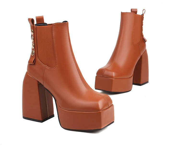 Square Toe Rivets Block Chunky Heel Platform Ankle Boots for Women