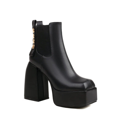 Square Toe Rivets Block Chunky Heel Platform Ankle Boots for Women