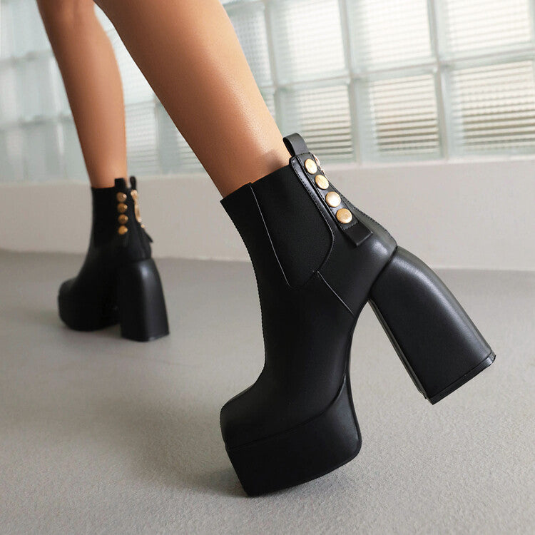 Square Toe Rivets Block Chunky Heel Platform Ankle Boots for Women