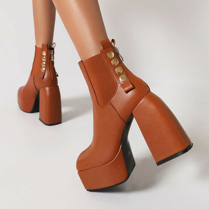 Square Toe Rivets Block Chunky Heel Platform Ankle Boots for Women