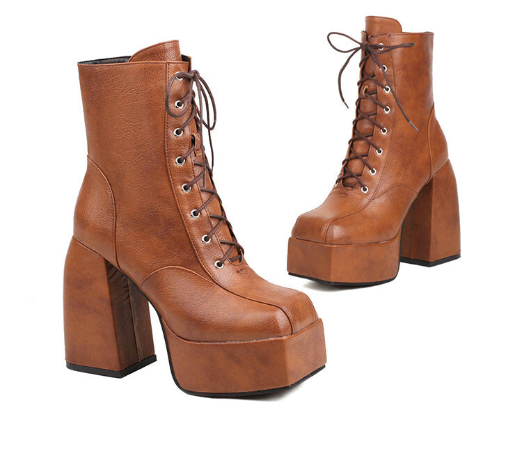 Square Toe Lace-Up Side Zippers Block Chunky Heel Platform Ankle Boots for Women