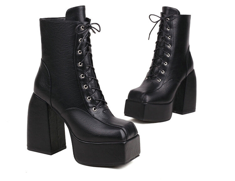 Square Toe Lace-Up Side Zippers Block Chunky Heel Platform Ankle Boots for Women