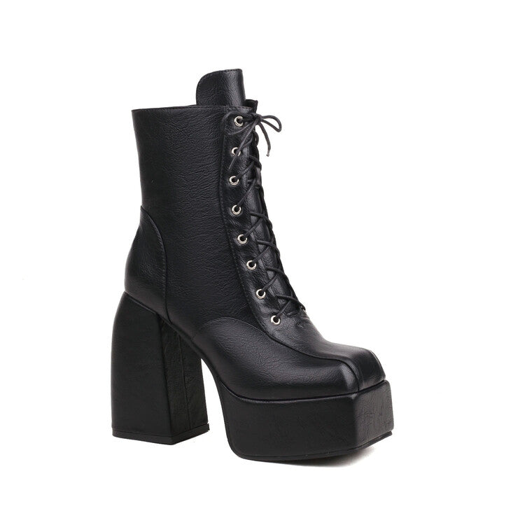 Square Toe Lace-Up Side Zippers Block Chunky Heel Platform Ankle Boots for Women