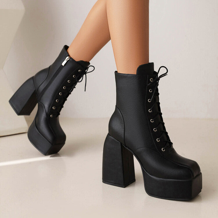 Square Toe Lace-Up Side Zippers Block Chunky Heel Platform Ankle Boots for Women