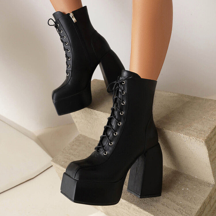 Square Toe Lace-Up Side Zippers Block Chunky Heel Platform Ankle Boots for Women