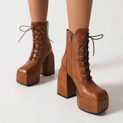 Square Toe Lace-Up Side Zippers Block Chunky Heel Platform Ankle Boots for Women