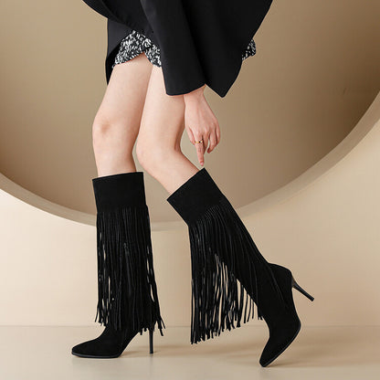 Pointed Toe Tassel Stiletto Heel Knee-High Boots for Women