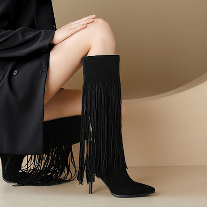 Pointed Toe Tassel Stiletto Heel Knee-High Boots for Women