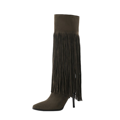 Pointed Toe Tassel Stiletto Heel Knee-High Boots for Women