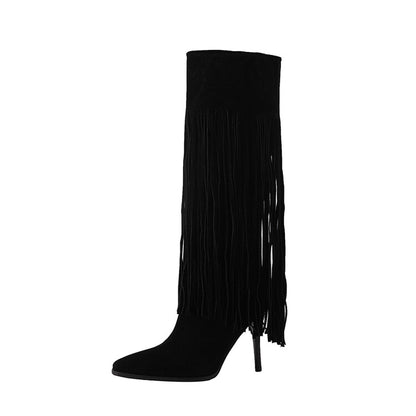 Pointed Toe Tassel Stiletto Heel Knee-High Boots for Women