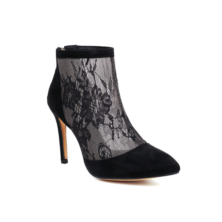 Pointed Toe Lace Back Zippers Stiletto Heel Ankle Boots for Women