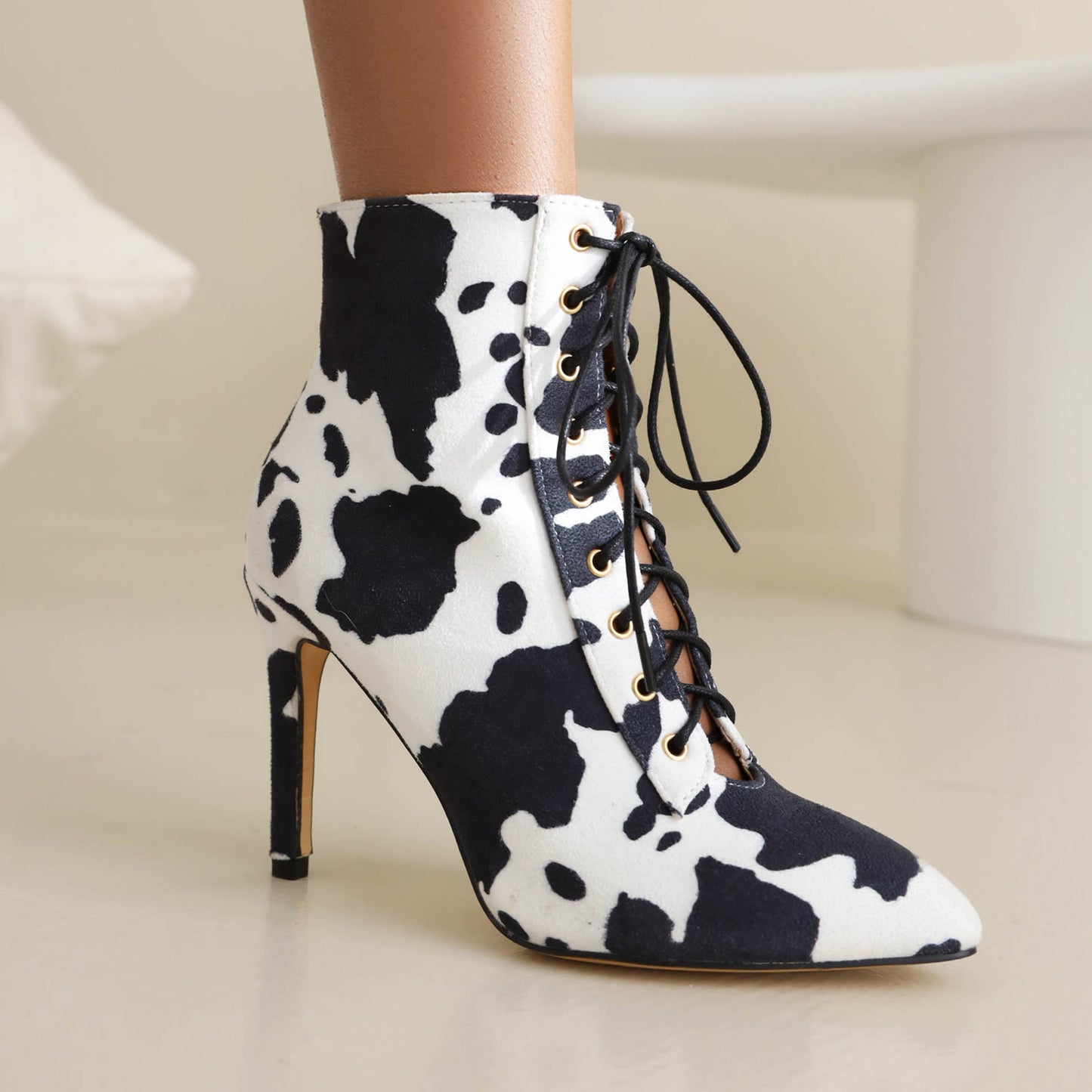 Cow Leopard Print Pointed Toe Lace-Up Stiletto Heel Ankle Boots for Women