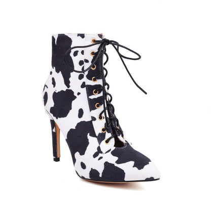 Cow Leopard Print Pointed Toe Lace-Up Stiletto Heel Ankle Boots for Women