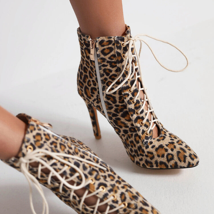 Cow Leopard Print Pointed Toe Lace-Up Stiletto Heel Ankle Boots for Women