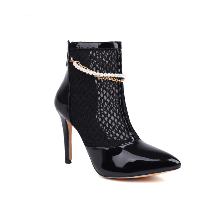 Glossy Pointed Toe Mesh Pearls Chains Stiletto Heel Ankle Boots for Women