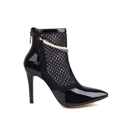 Glossy Pointed Toe Mesh Pearls Chains Stiletto Heel Ankle Boots for Women