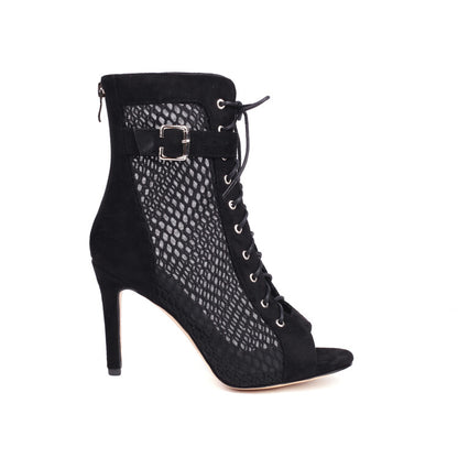 Peep Toe Mesh Lace-Up Buckle Straps Stiletto Heel Ankle Boots for Women