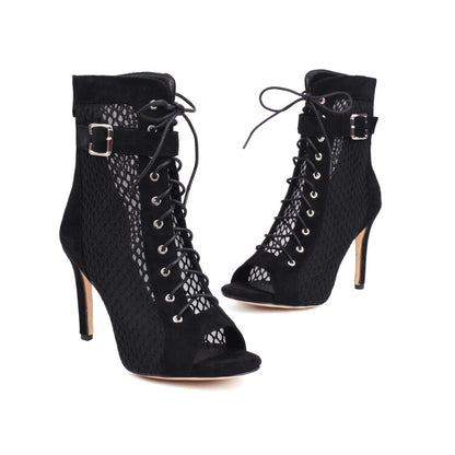 Peep Toe Mesh Lace-Up Buckle Straps Stiletto Heel Ankle Boots for Women