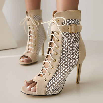 Peep Toe Mesh Lace-Up Buckle Straps Stiletto Heel Ankle Boots for Women