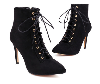 Pointed Toe Lace-Up Side Zippers Stiletto Heel Ankle Boots for Women