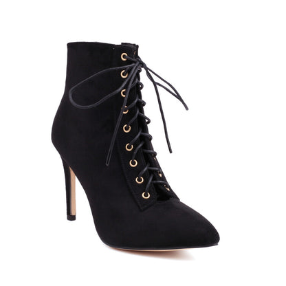 Pointed Toe Lace-Up Side Zippers Stiletto Heel Ankle Boots for Women