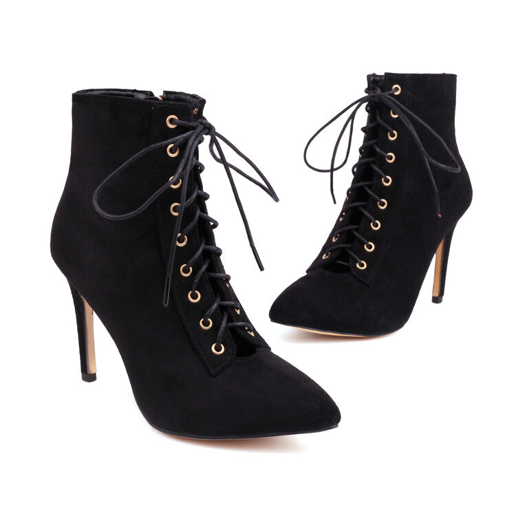 Pointed Toe Lace-Up Side Zippers Stiletto Heel Ankle Boots for Women