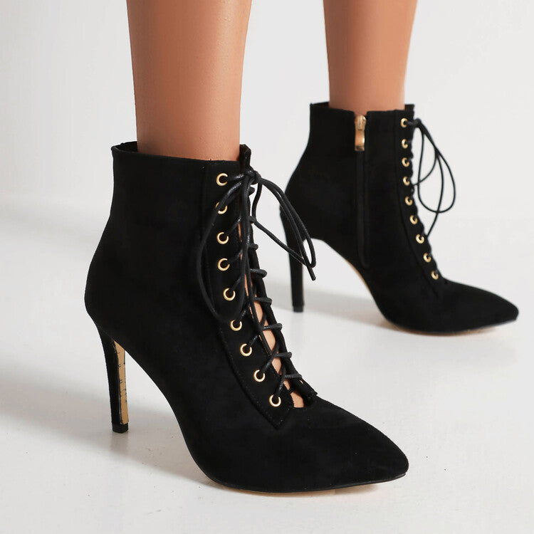 Pointed Toe Lace-Up Side Zippers Stiletto Heel Ankle Boots for Women