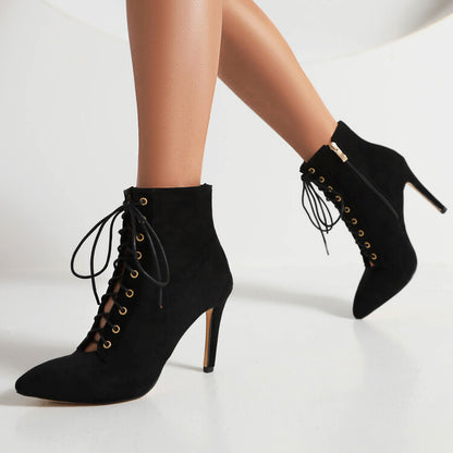 Pointed Toe Lace-Up Side Zippers Stiletto Heel Ankle Boots for Women